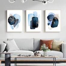 3 PIEZAS Arte de pared abstracto azul minimalista moderno, lienzos decorativos, pinturas colgantes con formas geométricas y elementos naturales, para decoración de sala de estar, dormitorio y hogar, sin marco