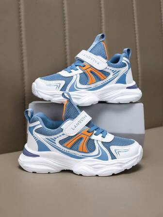 时尚钩环男童运动鞋，青少年软底跑步鞋，新款网眼透气儿童鞋学生校园舒适休闲鞋，适合室内外活动、上学日、日常散步跑步、散步