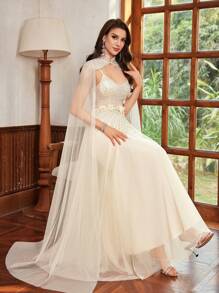 Elegant & Romantic Hand-Crafted Mesh Long Formal Party Dress, Exquisite Women's Evening Gown, Wedding Guest Dress, Prom Dress - Apricot - View 2