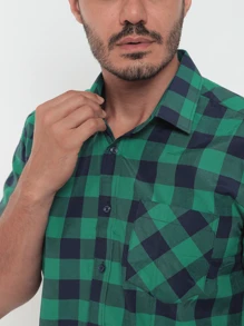 Rand paul Men's Plaid Shirt Casual Slim Fit Short Sleeve With Pockets Imported - 綠色 - 查看 7