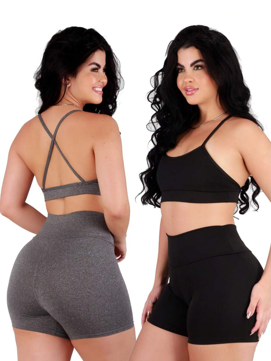 Work Fitness Kit 2 Set Of Backless Top With Cross Straps And Basic Premium Bermuda Shorts - Multicolor - Ver 1