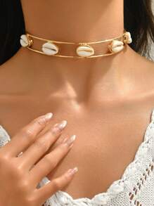 1pc Fashionable Minimalist Double-Line Shell & Metal Choker Necklace For Women, Charm Jewelry For Spring/Summer Beach Vacation, Party, Wedding - Shell Golden Yellow - View 1