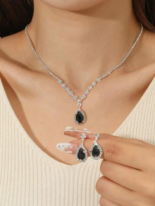 2pcs Jewelry Set: Necklace & Bracelet, Rhinestone & Cubic Zirconia Decor, Suitable For Wedding Dress, Bridal Accessories