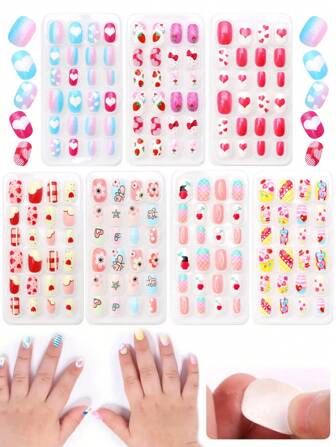 (168pcs 7 Packs) And (24pcs 1 Pack) Kids Acrylic False Nails Press-On Pre-Glued Full Cover Glitter Cute Spring And Summer Strawberries, Flowers, Butterflies, And Other Elements Short Kids Stick-On False Nails Set For Kids Little Girls - Cute Spring And Summer Garden Theme