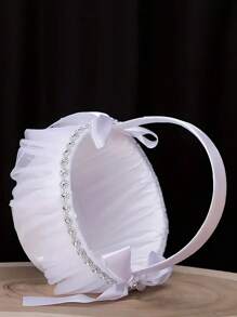 1 pieza Canasto de niña de las flores de satén y encaje para ceremonias de boda, elegantes cestas de flores blancas con decoraciones de piroxeno para fiestas nupciales, regalos de cumpleaños de verano, útiles escolares y decoración de habitaciones