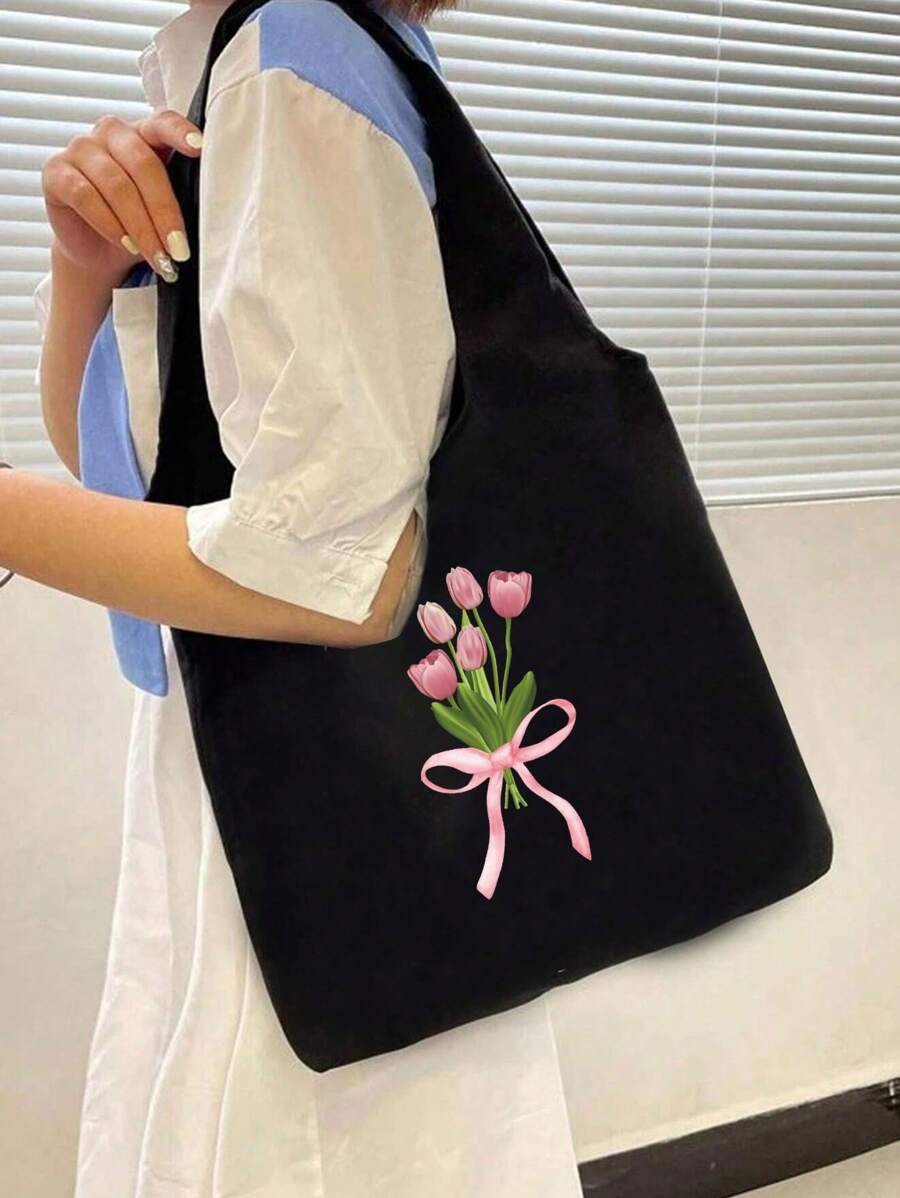 Tulip Themed Teacher's Day Gift Bag Set, Includes Black Cosmetic Bag, Coin Purse, Convenient Storage Bag, And Nail Polish Organizer. "The Pink Tulip, Full Of Sweetness And Warmth, Symbolizes Eternal Love And Happiness. It Is Like The Soft Glow Of The Setting Sun, Gently Falling On The Heart, Full Of Romance And Tenderness." This Artistically Designed Bag Is Suitable For Women Or Students, Can Be Used For Carrying Books, Shopping, Back To School, And Is The Perfect Teacher's Day Gift.