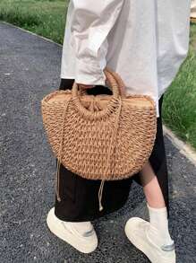 Bolso de playa de media luna de paja y ratán tejido a mano, de gran capacidad, para mujer, de estilo hueco y cruzado, bolso de hombro de verano de paja de media luna, hecho a mano, portátil, de gran capacidad, bolsa de playa, cesta tejida, bolso de asa superior, monedero y bolsas de tela