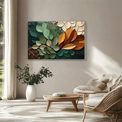 1pc Bohemian Style Woodgrain Botanical Print, Wood Wrapped Canvas Frame, Indoor Wall Art For Home Office, Bedroom, Living Room, Kitchen, Bathroom Decor, Wall Decor