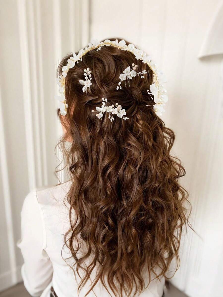 4 件装新娘花童头饰珍珠婚礼头带水钻发夹，适合女孩 - 彩色 - 查看 1