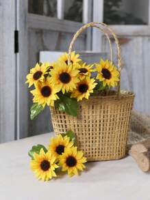 1 Bunch (5 Branches) 13 Inch(H) Simulation Sunflower Bouquet Home Living Room Bedroom Office Wedding Birthday Party Tabletop Decoration Hand Flower Shooting Props Gifts Graduation