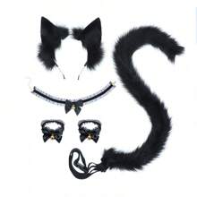 Faux Animal Ear, Tail, Lace Hand Bracelet & Necklace Bell Fluffy Cosplay Props Headband Set