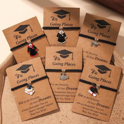 6 件毕业/返校主题锌合金毕业帽、长袍、可调节编织手链（附祝福卡），适合学生儿子/女儿生日/节日礼物，简约时尚