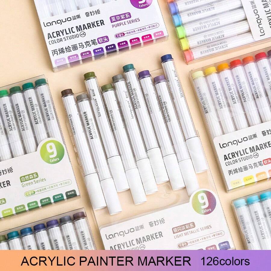 9色丙烯颜料马克笔套装，色彩鲜艳，可叠放，创意软头，适用于绘画、DIY涂鸦艺术创作，是学校和美术用品的理想之选，也是开学季必备品。 - 彩色 - 查看 1