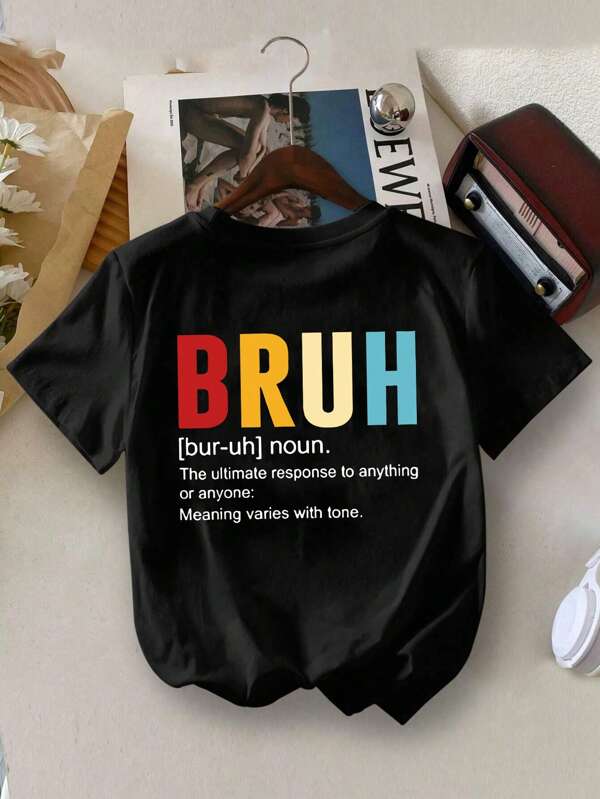 Tween Boy's BRUH Print Round Neck Short Sleeve Tee Spring And Summer Casual T Shirt For Kids