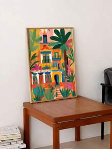 1pc Unframed, Vibrant Mexican Architectural Poster With Colorful Floral And Plant Landscape Canvas Printing, Mural For Home Decoration