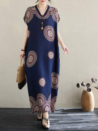 女士优雅复古波西米亚风 V 领连衣裙，适合春秋季节