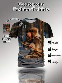 Customized Opaque Material 3D Printed T-Shirt For Men, Personalized Photo Design, Casual Short Sleeve, Lightweight Polyester Fiber, Machine Washable, Suitable For Summer Outdoor Activities Ornamental,Dawg Stylish,Fashion,Hipster,Contracted,Easy Costume,Modest Fashion,Minimal Chic,Casual Custom,Unique,Personalized Ideal Gifts For Him Family,Boyfriend,Friends,Children