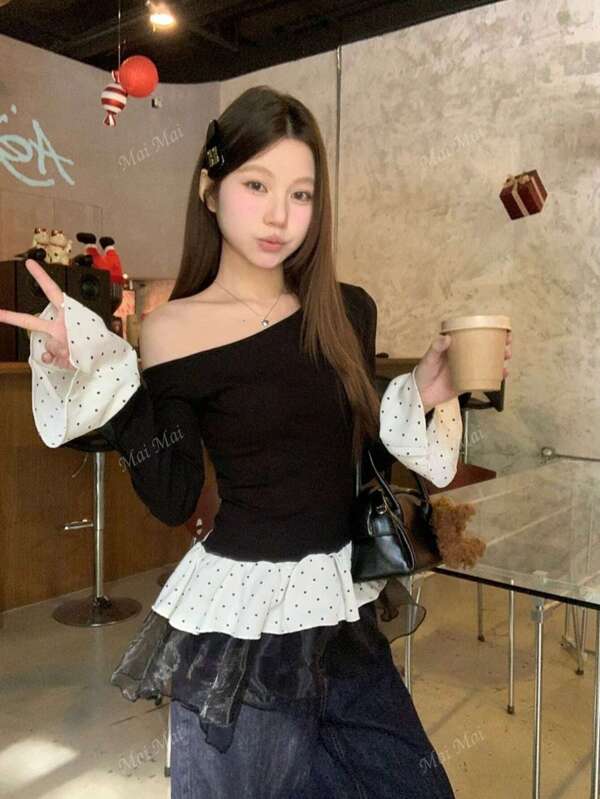 Women's Spring New Casual Mesh Polka Dot Patchwork Oblique Shoulder Knit Long Sleeve Pullover Top