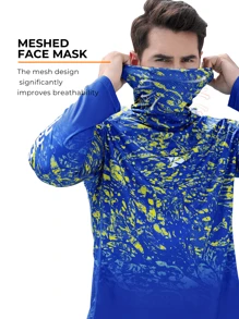 RODEEL Men's Hooded T-Shirt With Face Mask Gradient Printed Raglan Quick-Drying Breathable Long Sleeves Suitable For Outdoor Sports Fishing And Hiking