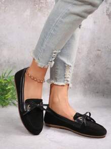 2025 New Comfortable Versatile Casual Slip-On Bowknot Flat Shoes For Women, Lightweight Simple Solid Color Elegant EU Plus Size Round Toe Soft Bottom Breathable Non-Slip Loafers, Spring & Summer Vacation Wear Moccasins - Black - View 5