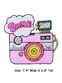 1个粉色亮片相机图案，笑脸云朵熨烫贴片，带来好心情，个性化DIY服装配饰，刺绣缝纫熨烫贴花装饰贴片，徽章，适用于衣服、鞋子、包包，夏季，学校 - 彩色 - 查看 2