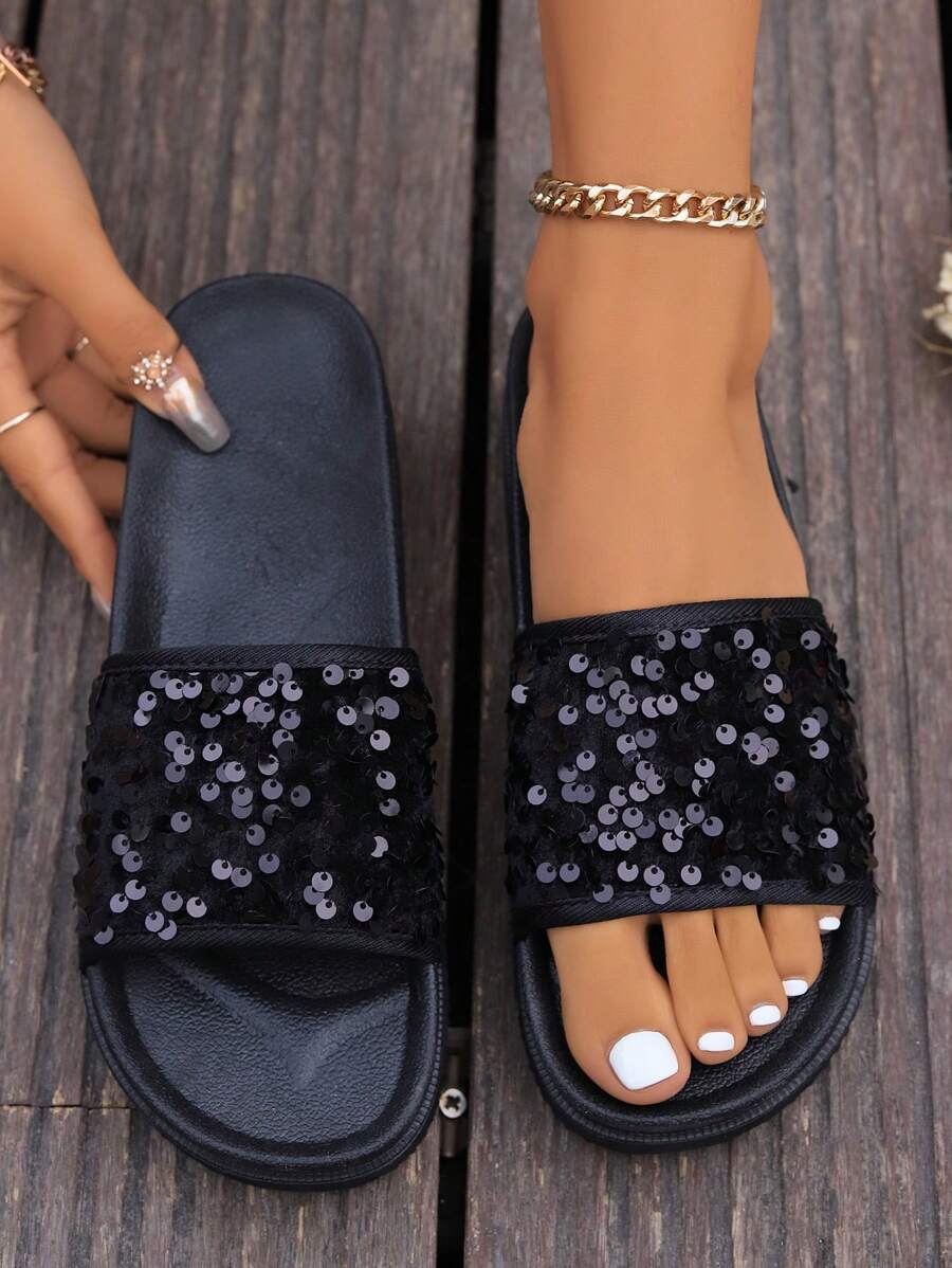 Summer New Thick Sole Glitter Women Slippers, Fashion Minimalist Beach Casual Sandals Versatile Roman Shoes