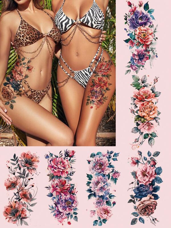 (6pcs/Pack) Rose Pattern And Colorful Floral Temporary Tattoo Stickers, 3D Realistic Floral Leg/Body Tattoos, Large Size Body Art Fake Tattoo, Waterproof & Sweat-Proof, Lasts 2-5 Days