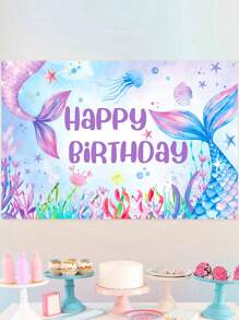 1pc Purple Mermaid Style Background Cloth,Purple Mermaid Tail Pattern Birthday Banner With "Happy Birthday", Background Cloth Perfect Decoration Birthday Party, Birthday Ceremony Family Holiday Party Room Wall Decoration, Outdoor Party Fence Decorations,Birthday Decor