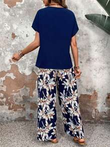Women's Casual Solid Color Crew Neck Short Sleeve And Floral Print Pants Two Piece Summer Sets,Beach/Vacation/Daily Outfits - 藏蓝色 - 查看 3