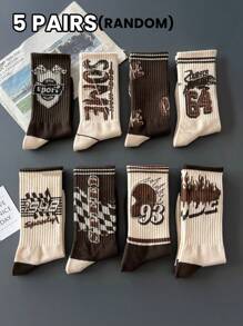 5 Pairs Of Men's Socks Multi-Colored For All Seasons Random Letters Graffiti Stripes Digital Flame Pattern Maillard Fashion Soft And Comfortable Daily Casual Sports Mid-Tube Socks