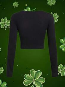 Lucky Four Leaf Clover Print Pattern Women's Round Neck Long Sleeve Slim Fit Crop Tee For Spring/Summer - View 4