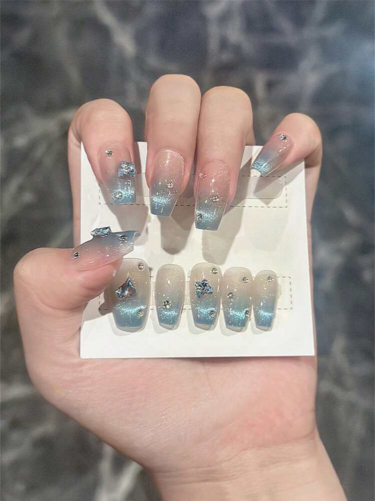 10 件手工蓝猫眼美人鱼泪宝石蝴蝶和心形设计假指甲套装，用于美甲，含果冻胶和抛光条，按压指甲美甲用品 - 藍色 - 查看 1