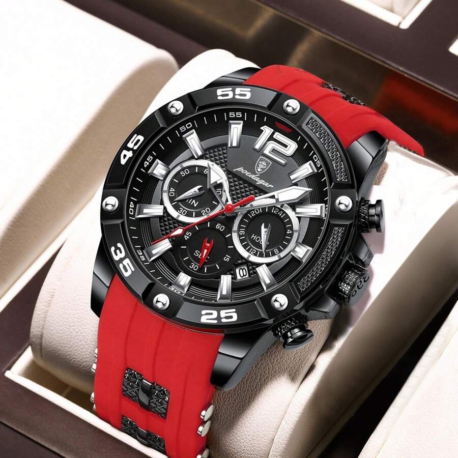 1 件男士多功能运动手表，30 米防水，夜光指针，日期显示，红色硅胶表带，大表盘休闲石英表，节日和生日礼物