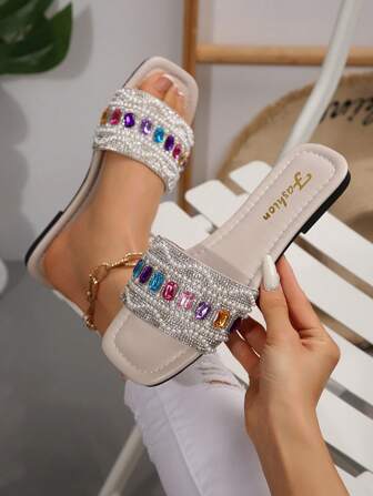 大码女式珍珠宝石露趾拖鞋，平底网络名人风格沙滩拖鞋