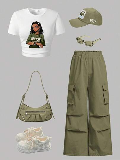 Tween Girls Cartoon Print Short Sleeve Top And Utility Pants Set