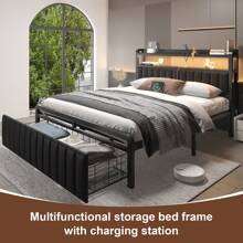 Bed Frame With Storage Headboard And LED Sensor Lights, Upholstered Headboard With Charging Station, Metal Platform Bed With Drawers, Noise-Free, Non-Slip, Black - Xem 3