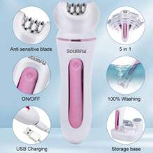 1pc USB Rechargeable 5W 5-In-1 Multi-Function Shaver Epilator For Women, Facial Cleansing Kit, Portable Home Use