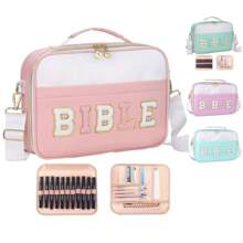 1pc Fashionable Pink Women's Bible Bag With "Bible" Text In Chenille, Adjustable Strap And Inner Pockets - Multipurpose Tote Bag To Store School Supplies, Pens And Electronics,Back To School,Pencil Case,Pencil Pouch,School Bag