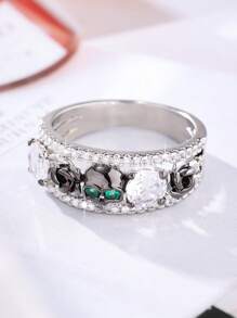 1pc Punk Vintage Style Skull & Rose Design Zirconia Ring, White, Suitable For Both Men And Women To Wear Casually Or For Parties And Gatherings