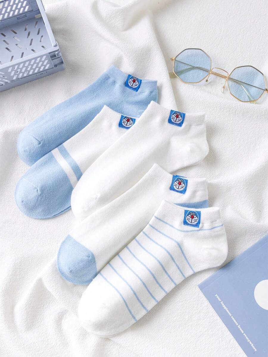 5 Pairs Doraemon Print Ankle Socks Women, Low Vamp Boat Socks Summer Thin, Cute Japanese Style, Versatile Spring Autumn Student Socks, Korean Ins - Blue and White - View 1