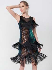 Ladies' Sequined Fringe Skirt Latin Dance Skirt Shining Fringe Latin Dance Rumba Tea Tango Dance Stage Performance Skirt Ball Dress