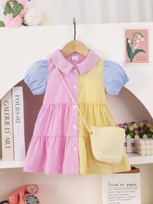 1 Pezzo Vestito estivo casual da bambina con maniche a palloncino, a righe verticali multicolore e borsa intrecciata - Multicolore - Visualizzare 1
