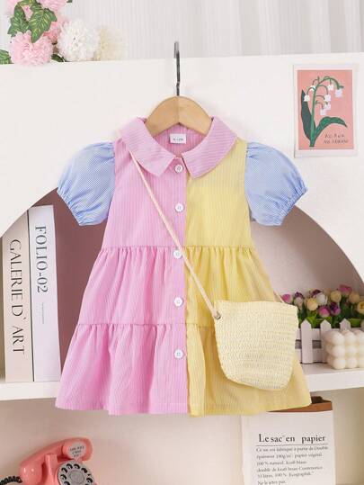 1 件装女婴时尚休闲多色竖条纹泡泡袖连衣裙（配编织包），夏季