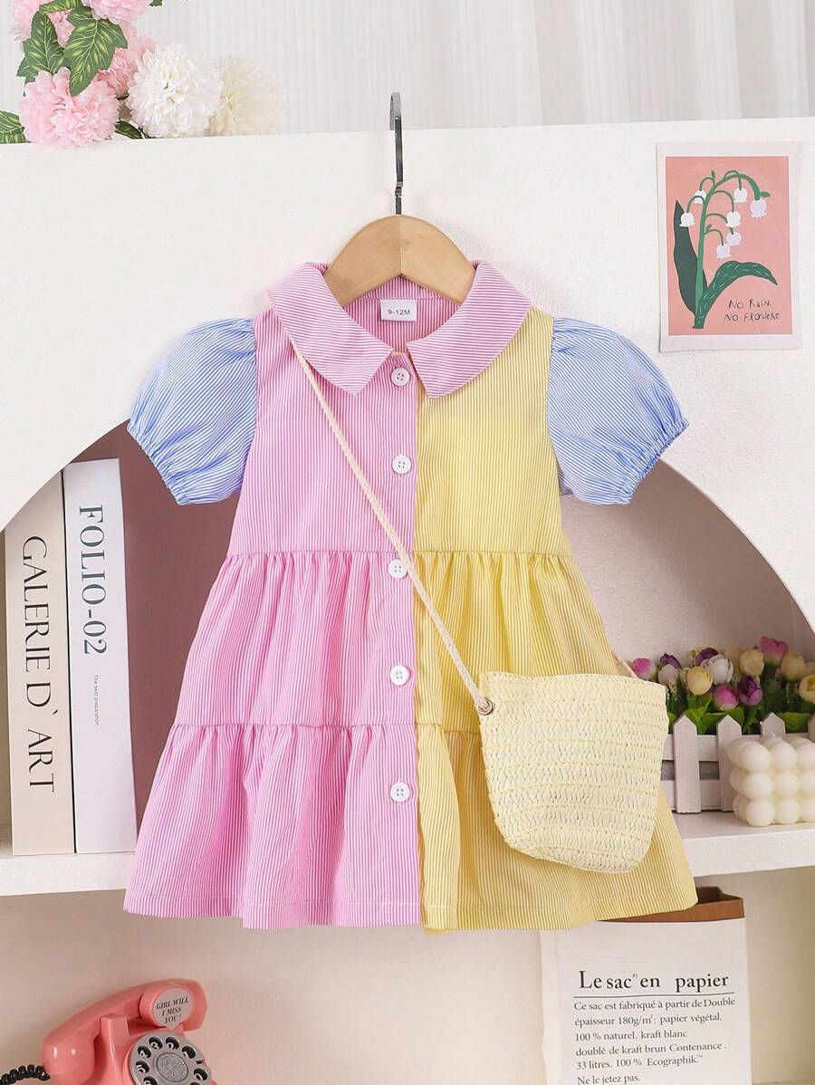 1 Pezzo Vestito estivo casual da bambina con maniche a palloncino, a righe verticali multicolore e borsa intrecciata - Multicolore - Visualizzare 1