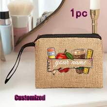 Regalo personalizado para maestros con impresión de nombre personalizado | Conjunto de bolsa de compras reutilizable de lino caqui y yute, y billetera | Detalles en metal negro para la Semana de la Enfermera/Día de la Madre/Apreciación a Maestros | Bolso multiuso para la playa y organizador de viaje