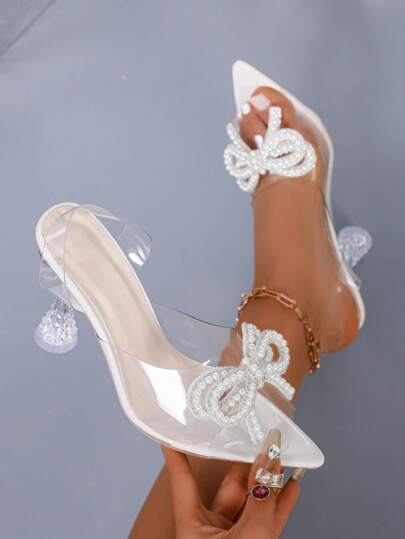 2025 New Style Pointed Toe Crystal Bow Decor Transparent Stiletto High Heel Shoes, Fairy Crystal Sandals For Women