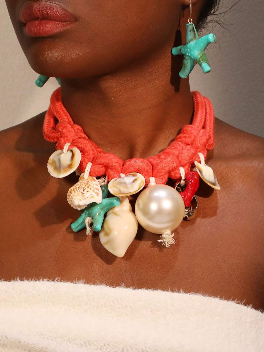 3pcs/Set Beaded Boho Seascape Theme Necklace & Earrings Jewelry Set, Featuring Colorful Shell & Faux Pearl Designs, Suitable For Women, Beach Vacation, Party And Daily Wear