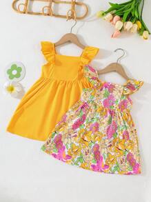 Set de 2 vestidos de verano para niña, uno con estampado floral y otro de unicolor con decoración de botones, conjunto casual para uso diario