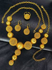 ANIID 4 stuks/set mode vrouwen ronde hanger sieraden set, ketting, oorbellen, armband, ring, Dubai, Verenigde Staten, Verenigd Koninkrijk, Saoedi-Arabië, bruids, bruiloft, feest, Moederdag, terug naar school, Valentijnsdag, cadeau voor moeder, vriendin, zus, gouden accessoires