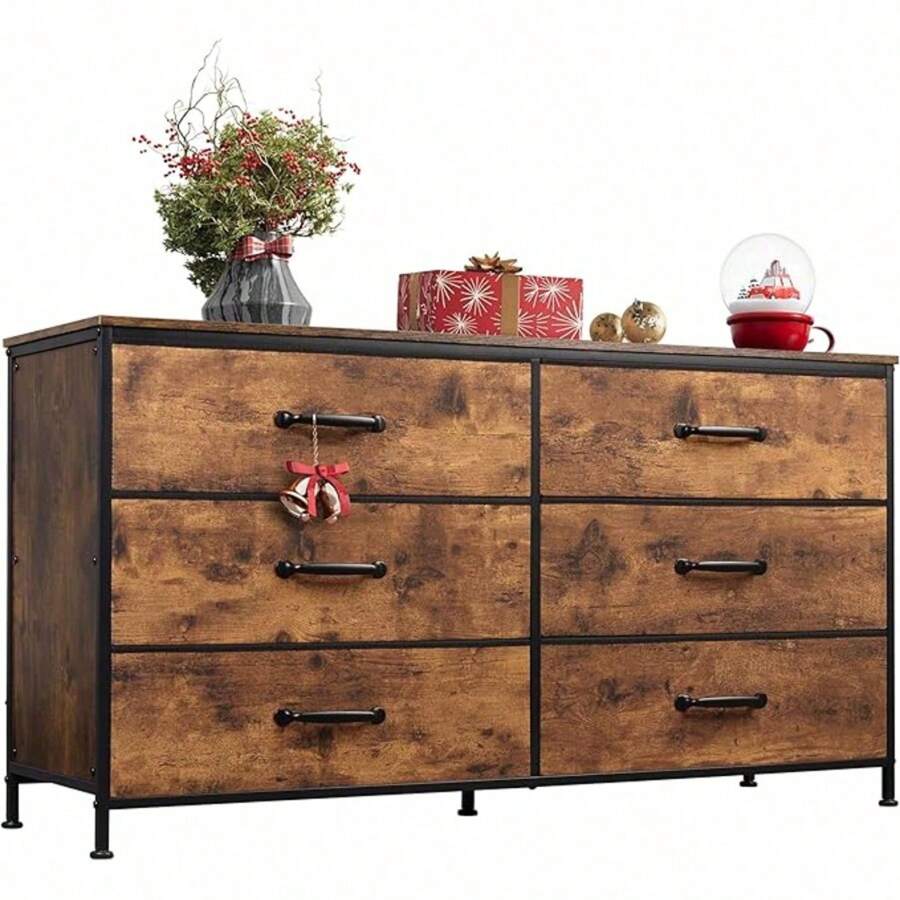Wide Fabric Dresser, 6 Drawer Dresser TV Stand For 60" TV, Dressers Bedroom Furniture Large Storage Tower Unit With Fabric Bins, Dresser For Bedroom, Closet, Hallway, Rustic Brown